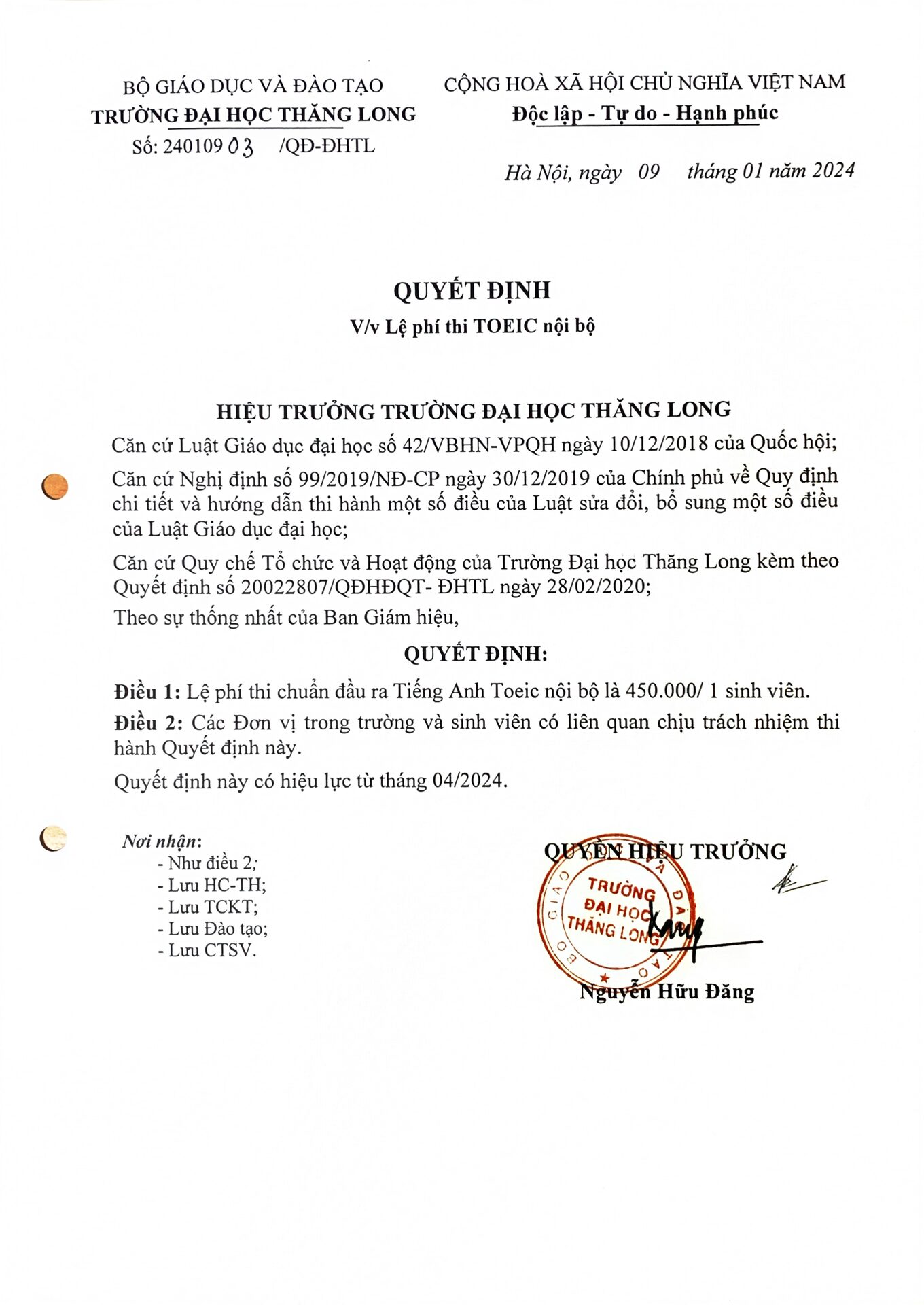 Quyết định lệ phí thi