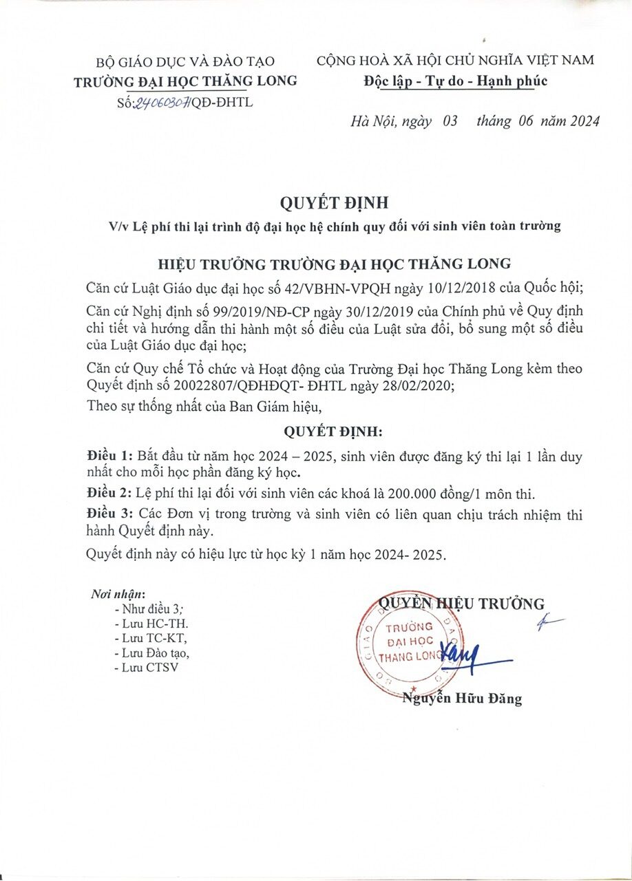 Quyết định: V/v Lệ phí thi lại trình độ đại học hệ chính quy đối với sinh viên toàn trường